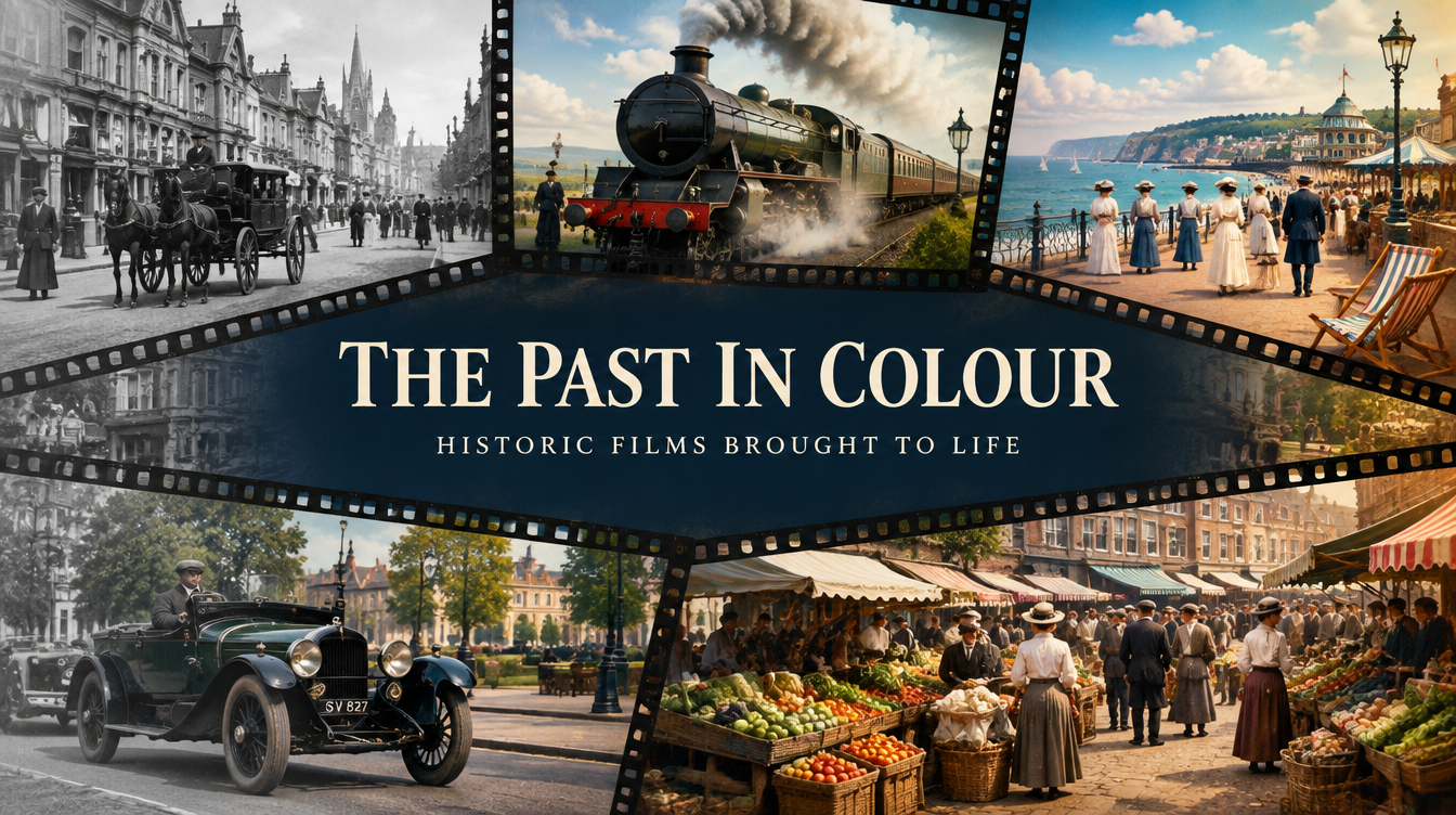 Illustrated vintage filmstrip montage showing a street, steam train, seaside and market